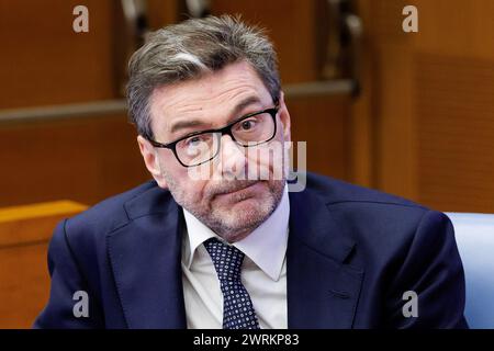 Roma, Italie. 13 mars 2024. Il ministro dell'Economia Giancarlo Giorgetti durante il convegno sulla riforma fiscale Organizato dal MEF alla Camera dei deputati. Roma, Mercoled&#xec;, 13 marzo 2024 (Foto Roberto Monaldo/LaPresse) Ministre de l'économie Giancarlo Giorgetti lors de la conférence sur la réforme fiscale à la Chambre des députés. Rome, mercredi 13 mars 2024 (photo de Roberto Monaldo/LaPresse) crédit : LaPresse/Alamy Live News Banque D'Images