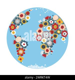 Globe avec des fleurs sur les continents dans le style doodle de dessin animé. Journée mondiale de la Terre. Illustration vectorielle, carte, bannière, affiche ou modèle de placard. 22 avril Illustration de Vecteur