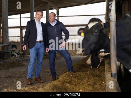 13 mars 2024, Schleswig-Holstein, Mörel : Daniel Günther (à gauche, CDU), ministre-président du Schleswig-Holstein, et Klaus-Peter Lucht, président de l'Association des agriculteurs du Schleswig-Holstein, se tiennent dans l'étable de la ferme de Lucht. Le ministre-président Günther a visité la ferme du président des agriculteurs du Schleswig-Holstein, Lucht, pour discuter de la situation actuelle dans le secteur agricole. Photo : Marcus Brandt/dpa Banque D'Images