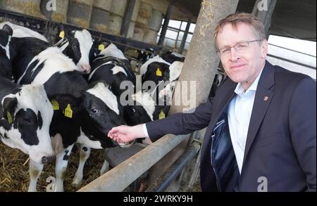 13 mars 2024, Schleswig-Holstein, Mörel : Daniel Günther (CDU), ministre-président du Schleswig-Holstein, se tient dans l'étable de la ferme du président agricole Lucht. Le ministre-président Günther s'est rendu dans la ferme du président agricole du Schleswig-Holstein, Lucht, pour discuter de la situation actuelle dans le domaine de l'agriculture. Photo : Marcus Brandt/dpa Banque D'Images