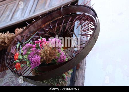 petit arrangement de fleurs à l'intérieur d'un anneau en métal avec des pointes, sur un fond de vieille fenêtre en bois et mur altéré. floral compris Banque D'Images