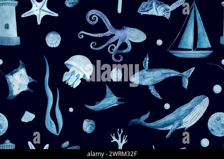 Aquarelle dessin à la main bleu monochromatique sans couture motif isolé sur bleu foncé. Baleines, raies manta, coquillages, étoiles de mer, méduses et poulpe Banque D'Images