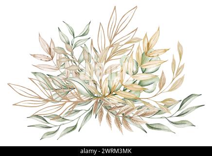 Illustration florale d'aquarelle - couronne de feuilles vertes et d'or, pour papeterie de mariage, salutations, papiers peints, mode, arrière-plan. Eucalyptus, olive Banque D'Images