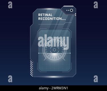 Concept de tableau de bord de balayage d'identification biométrique de reconnaissance rétinienne HUD. Scanner de vérification oculaire pour utilisateur. Panneau numérique de sécurité d'identité de personne. Identification de la rétine humaine. Conception eps de l'interface d'autorisation Illustration de Vecteur