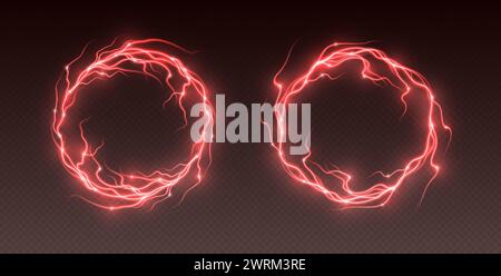 Cadres de foudre électriques rouges, bordure d'orage ronde, éclairs réalistes, explosion de flash d'énergie Illustration de Vecteur