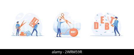 Piège de personne dans une dette de carte de crédit.couper la dette. Homme d'affaires coupant le mot dette avec une épée. Couper l'ensemble de dette vecteur plat illustration moderne Illustration de Vecteur