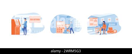 L'homme d'affaires laisse tomber la pièce d'or dans la boîte d'impôt, l'homme d'affaires réussi coupe les impôts lourds avec des ciseaux, personnage de femme d'affaires assis au bureau de travail avec C. Illustration de Vecteur