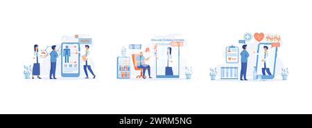 Médecins examinant un patient à l'aide d'une application médicale sur un smartphone, d'un service ou d'une plateforme en ligne de médecine, d'un enregistrement vidéo sur l'écran du smartphone. M en ligne Illustration de Vecteur