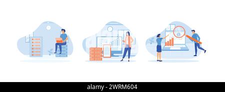 Serveurs distants ordinateur portable et ordinateur. Analyse de grands ensembles de données. Reconnaître les erreurs. Cloud Computing 1 ensemble vecteur plat illustration moderne Illustration de Vecteur