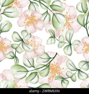 Motif floral aquarelle sans couture - feuilles vertes et branches sur fond blanc, parfait pour les enveloppeurs, papiers peints, cartes postales, salutation Banque D'Images