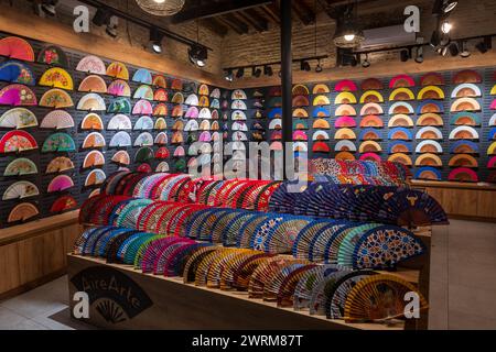 Magasinez avec des ventilateurs traditionnels peints à la main dans la ville de Séville, Andalousie, Espagne. Banque D'Images