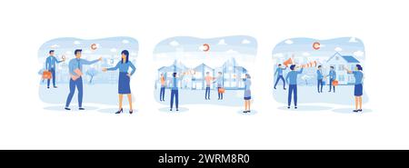 Investissement immobilier d'entreprise avec réunion d'investisseurs du groupe, concept d'entreprise immobilière avec maisons, présentation d'une maison. Affaires immobilières 1 Illustration de Vecteur