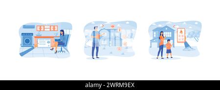 Concept de maison intelligente. Accueil avec intelligence cognitive.application de maison intelligente avec système de contrôle. Maison intelligente 1 ensemble vecteur plat illustration moderne Illustration de Vecteur