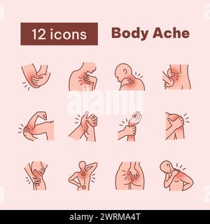 Body Ache, icônes de contour remplies, douleur de la main, épaule, cou, hanche, poignet, paume, coude, genou, dos, côte, et articulation du poignet, colonne vertébrale Illustration de Vecteur