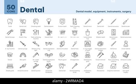 Icônes dentisterie, dent, visite, implant, miroir, perceuse, radiographie dentaire, chaise, modèle dentaire, dents de sagesse, syringem, lumière de curling dentaire Illustration de Vecteur