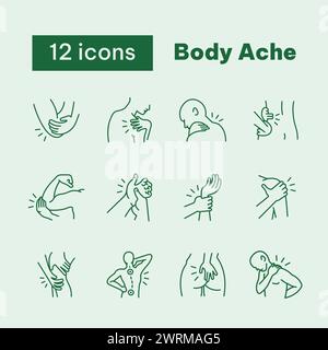 Ensemble d'icônes Body Ache avec style d'icône Outline Illustration de Vecteur