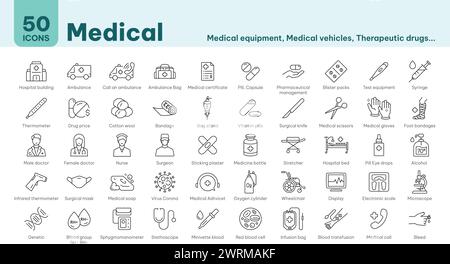 Icônes médicales, bâtiment d'hôpital, ambulance, sac de premiers soins, pilules, capsules, équipement d'essai, seringue, thermomètre, rack de médecine, boules de coton, sac Illustration de Vecteur