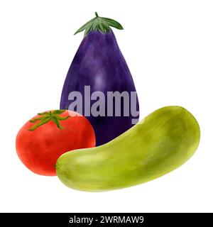 Composition végétale dessinée à la main. Légumes frais du jardin : aubergines, courgettes, tomates pour la conception, l'emballage, l'impression, cuisine, cartes postales, moi Banque D'Images