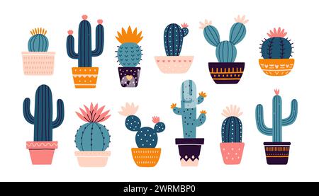 Ensemble de cactus. Plante épineuse du désert, fleur de cacti du mexique et plantes tropicales domestiques ou cactus de jardin de climat d'été de l'arizona. Illustration de Vecteur