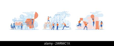 Travail d'équipe sur l'idée de réalisation, travail d'équipe sur la recherche de nouvelles idées, petites personnes lancent un mécanisme, coopération de travail d'équipe. Team Work 3 set flat vector moder Illustration de Vecteur