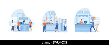 Accueil de l'hôpital bon travail dans la salle de la clinique pour aider les patients, les patients à un bureau d'accueil de l'hôpital s'inscrivant et payant, marchant à un hôpital rece Illustration de Vecteur