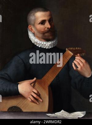 Agostino Carracci – Portrait d'un joueur de luth (Orazio Bassani) 1585-86 Banque D'Images