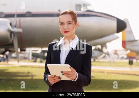 Une hôtesse de l'air dans une combinaison sur mesure tient une tablette tout en se tenant debout en toute confiance à un aérodrome, avec un aperçu de l'avion en arrière-plan Banque D'Images