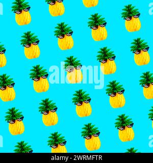 Un motif sans couture vibrant avec des illustrations répétées d'ananas avec un fond turquoise animé parfait pour les papiers peints ou les textiles. Banque D'Images