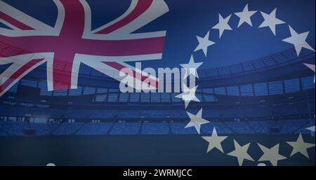 Image d'agiter le drapeau des îles Cook au-dessus du stade de sport Banque D'Images