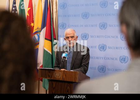 New York, États-Unis. 12 mars 2024. Josep Borrell, Haut Représentant de l'Union européenne pour les affaires étrangères et la politique de sécurité, s'adresse à la presse au siège de l'ONU. (Photo de Lev Radin/Pacific Press) crédit : Pacific Press Media production Corp./Alamy Live News Banque D'Images