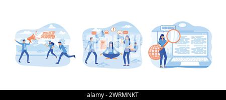 Fausses nouvelles ou informations trompeuses. Arrêtez de répandre du canular et des fausses nouvelles. Femme avec la loupe recherche sur les fausses nouvelles se répand dans les médias sociaux. définir Illustration de Vecteur