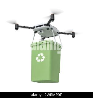 rendu 3d de drone caméra portant une poubelle vert clair avec symbole de flèches de chasse isolé sur fond blanc. Banque D'Images