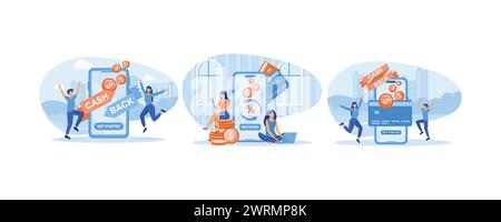 Remise en argent en ligne ou remboursement d'argent. Des gens heureux recevant de l'argent pour un acheteur. Des gens heureux recevant de l'argent pour faire du shopping. définissez le vecteur plat moderne Illustration de Vecteur