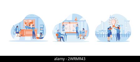 Partager et rechercher des idées commerciales. Brainstorming. Équipe de gestionnaires de succès, les gens créatifs ont une nouvelle idée. Définir illustration moderne vectorielle plate Illustration de Vecteur