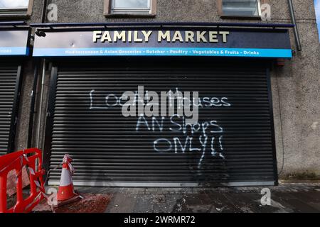 Photo du dossier datée du 18/09/23 de l'incendie criminel de l'épicerie sud d'Ahmad Alkhamran à Belfast. Il a ouvert le supermarché Al Rayan sur Falls Road à l'ouest de Belfast. M. Alkhamran, qui a déménagé de Syrie à Belfast il y a huit ans, a vu ses anciens locaux sur la route de Donegall dans le sud de la ville attaqués quatre fois en seulement deux semaines en septembre dernier. Date de la photo : mardi 12 mars 2024. Banque D'Images