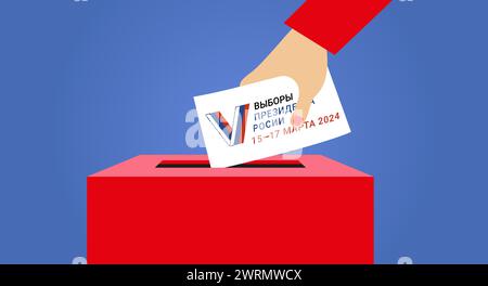 Élections présidentielles russes en 2024, urne, main tenant un bulletin de vote sur lequel est écrit en russe - élection du président russe Illustration de Vecteur