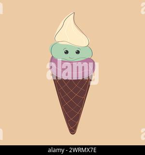 Un cornet de crème glacée composé de trois couleurs différentes tourbillonnant ensemble dans une délicieuse friandise. Le cône est rempli d'un délicieux mélange de saveurs, ce qui en fait une option de dessert coloré et savoureux Illustration de Vecteur