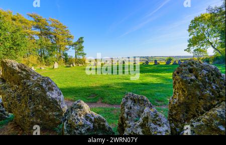 Vue sur les anciennes pierres à rollright, cercle de pierre néolithique, dans la région des Cotswolds, Angleterre, Royaume-Uni Banque D'Images