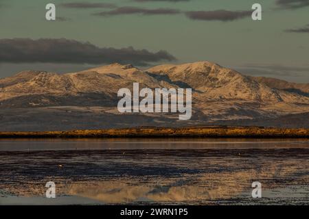 Vue sur l'estuaire de Duddon vers la chaîne de montagnes Coniston et le parc national de Lake District, la péninsule de Furness, Cumbria, Angleterre, United Ki Banque D'Images