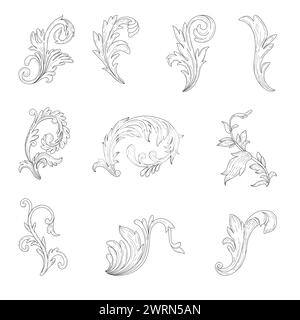 Ensemble décoratif décoratif de coins floraux. style rococo et baroque. Ensemble de rouleaux et de vignettes dans le style victorien. Illustration de Vecteur