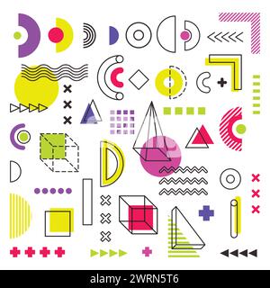 Ensemble de formes géométriques. Design Memphis, éléments rétro. Formes géométriques tendance universelle juxtaposées à la composition d'éléments lumineux. Illustration de Vecteur