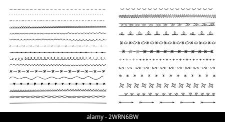 Bordure de ligne et élément de conception de texte. Ensemble de lignes dessinées à la main et de séparateurs. Éléments de conception de doodle vectoriels. Illustration de Vecteur