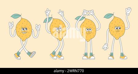 Rétro groovy dessin animé fruit comique différentes poses personnages. Mascotte comique moderne mignonne de citrons avec le visage heureux sourire, les mains et les pieds. Illustration de Vecteur