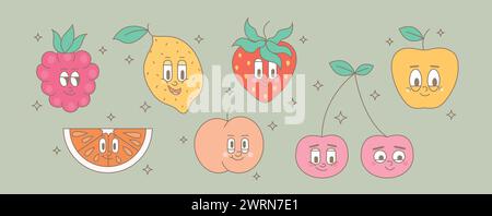 Personnages de fruits de dessin animé rétro groovy. Mascotte comique mignonne moderne de framboise, citron, fraise, pomme, cerise, pêche avec visage sourire heureux. Illustration de Vecteur