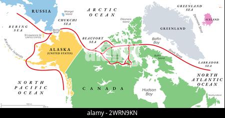 Passage du Nord-Ouest, NWP, carte politique. Voie maritime entre l'Atlantique et l'océan Pacifique à travers l'océan Arctique, le long de la côte de l'Amérique du Nord. Banque D'Images