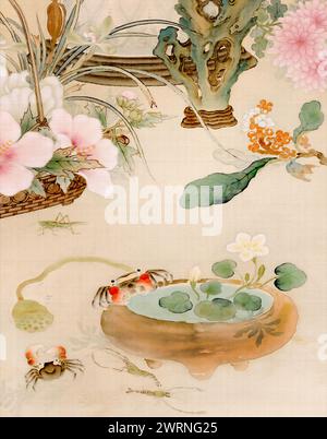 Magnifique motif floral oriental avec de charmants crabes et un homard. Cette illustration fabriquée numériquement met en valeur des tons pastel doux avec une texture Banque D'Images