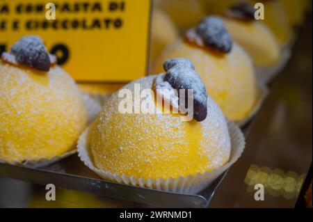 Polenta e Osei di Bergamo Alta, spécialité sucrée la plus célèbre de la cuisine de Bergame, à base de gâteau éponge, chocolat, beurre, crèmes de noisettes et rhum Banque D'Images