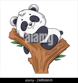 Mignon panda dormant sur le bambou. Personnage de dessin animé drôle. Illustration vectorielle stock sur fond blanc. Illustration de Vecteur