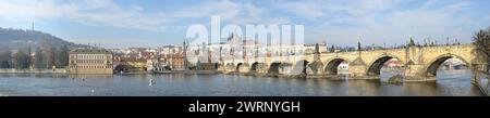 Vue panoramique vers la petite ville et le château de Prague avec le pont Charles au premier plan depuis le quai de Smetanovo à Prague, République tchèque. Banque D'Images