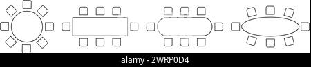 Plan d'agencement des sièges de café ou de restaurant. Icônes de table et de chaises isolées sur fond blanc. Places de travail, de réunion ou de formation professionnelle Illustration de Vecteur